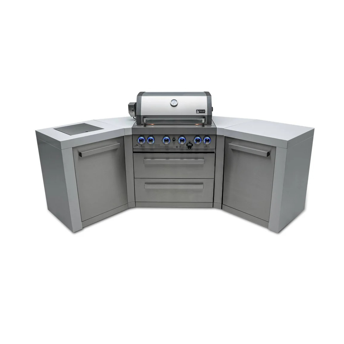 Front-facing view of the outdoor kitchen island featuring a built-in gas grill, two storage drawers, side access cabinets, and 45-degree corner countertops.