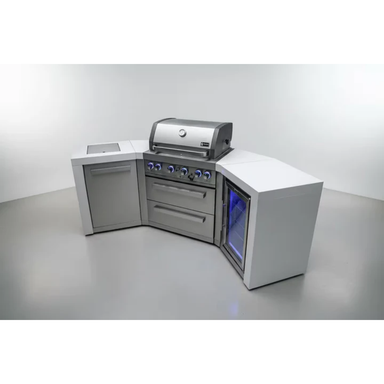 Angled view of the Mont Alpi 400 Deluxe Island featuring 45-degree corner sections, stainless steel gas grill, storage drawers, side cabinet, and integrated glass-door fridge.