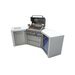 Outdoor kitchen island with the grill hood open, showing the cooking grates, rotisserie system, illuminated control knobs, storage drawers, and built-in fridge.