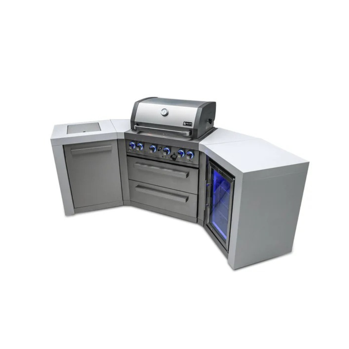Front-angle view of the Mont Alpi 400 Deluxe Island with closed grill hood, stainless steel cabinetry, blue-lit fridge, and dual 45-degree corner work surfaces.