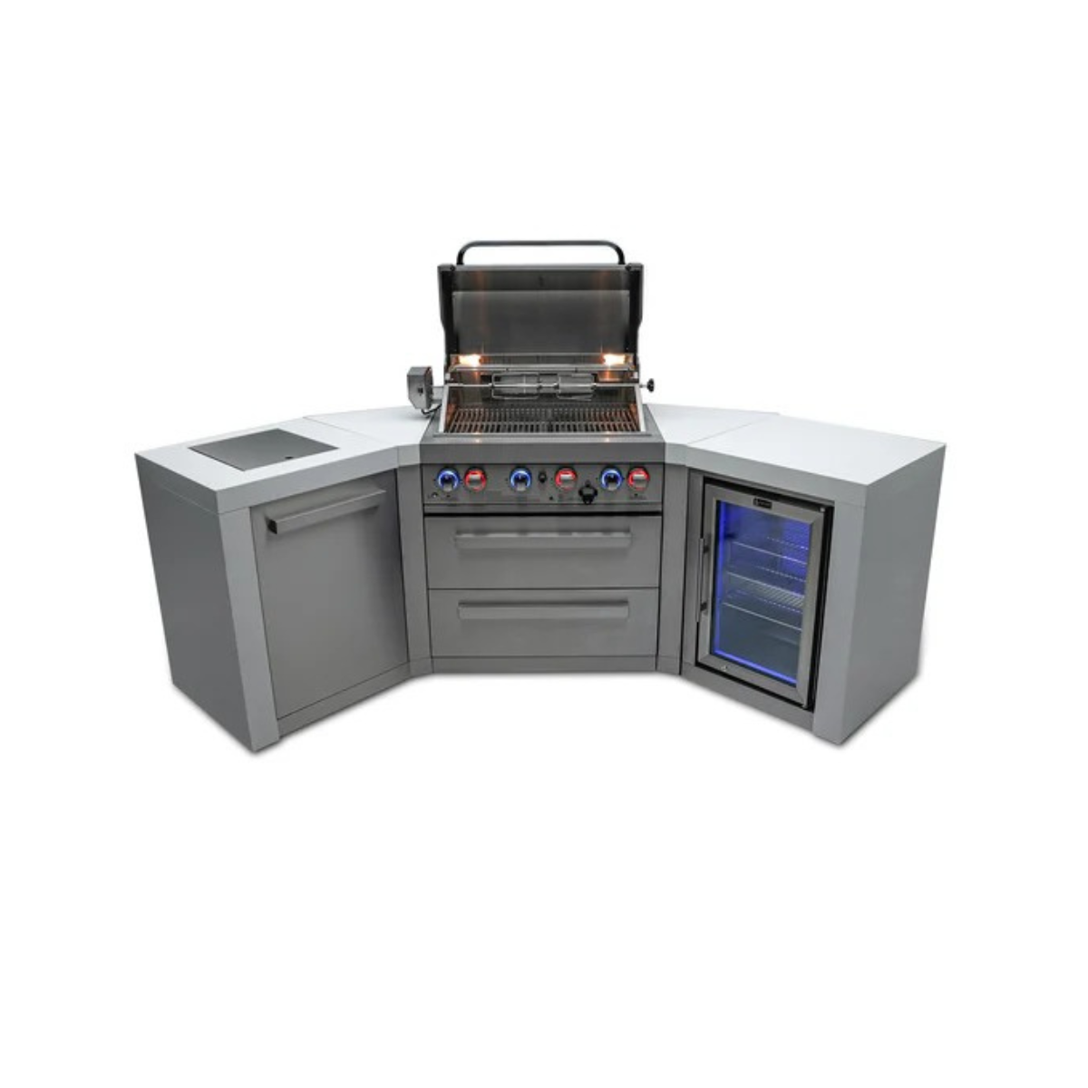 Front view of the outdoor kitchen island with the grill open, highlighting the grilling area, storage compartments, side cabinet, and integrated refrigerator.