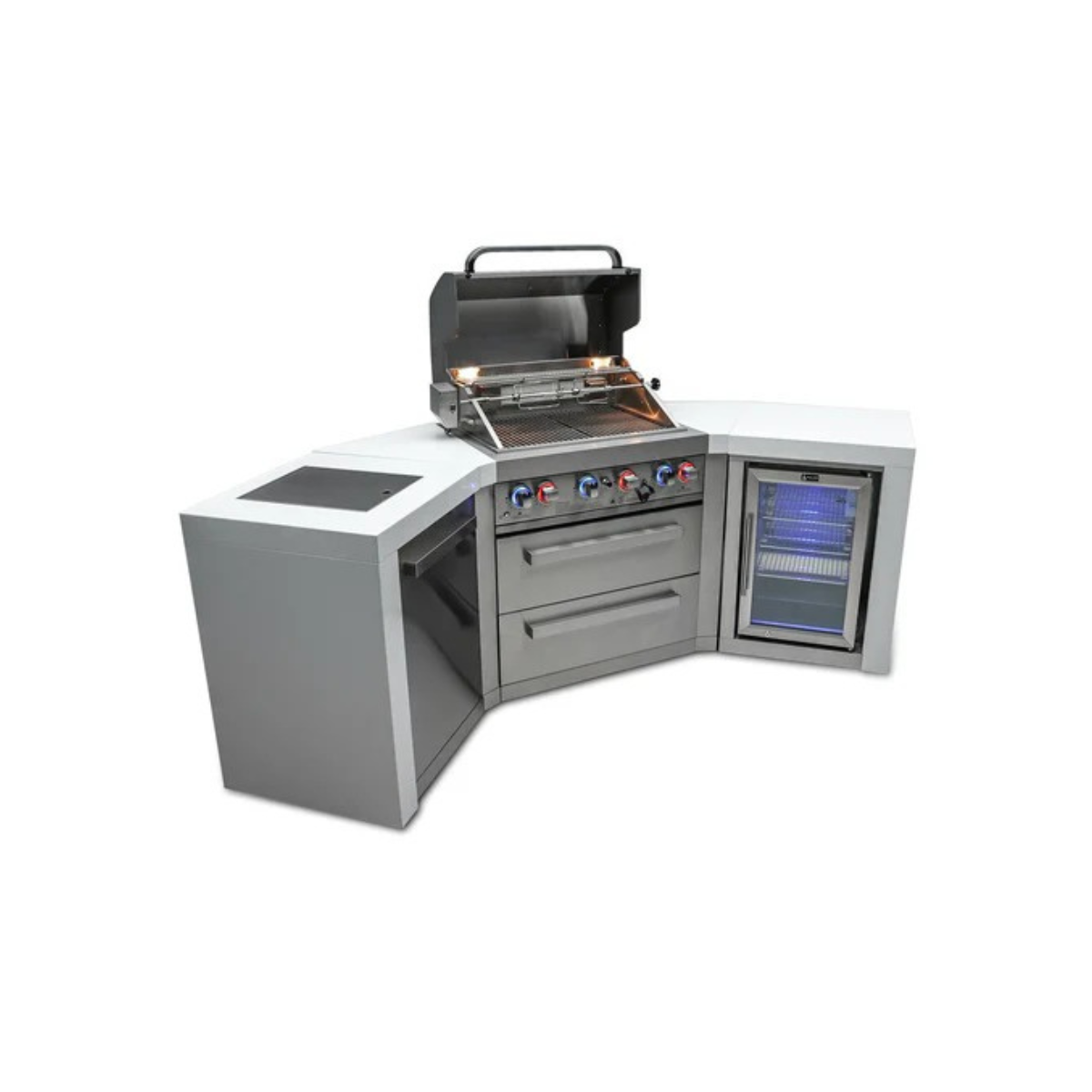 Rear-angle view of the Mont Alpi 400 Deluxe Island showing the open grill, 45-degree corner design, stainless steel construction, and glass-door fridge.