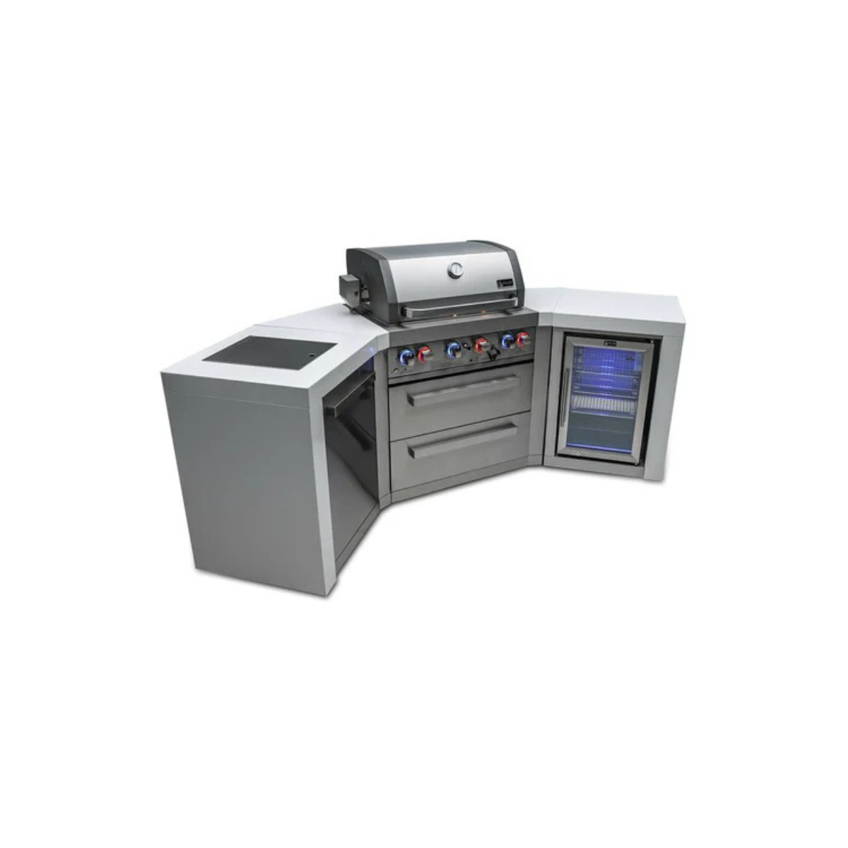 Rear-angle view of the outdoor kitchen island with closed grill hood, illuminated control knobs, storage drawers, side cabinet, and built-in refrigerator.