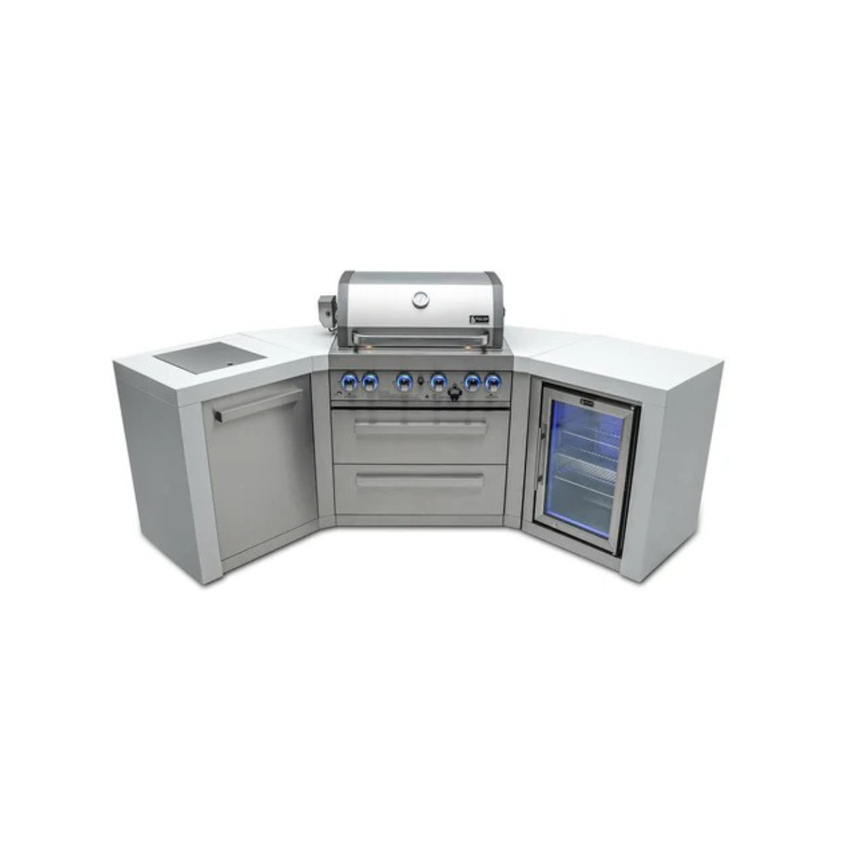 Front-facing view of the Mont Alpi 400 Deluxe Island featuring a stainless steel gas grill, storage drawers, side cabinet, and blue-lit glass-door fridge.