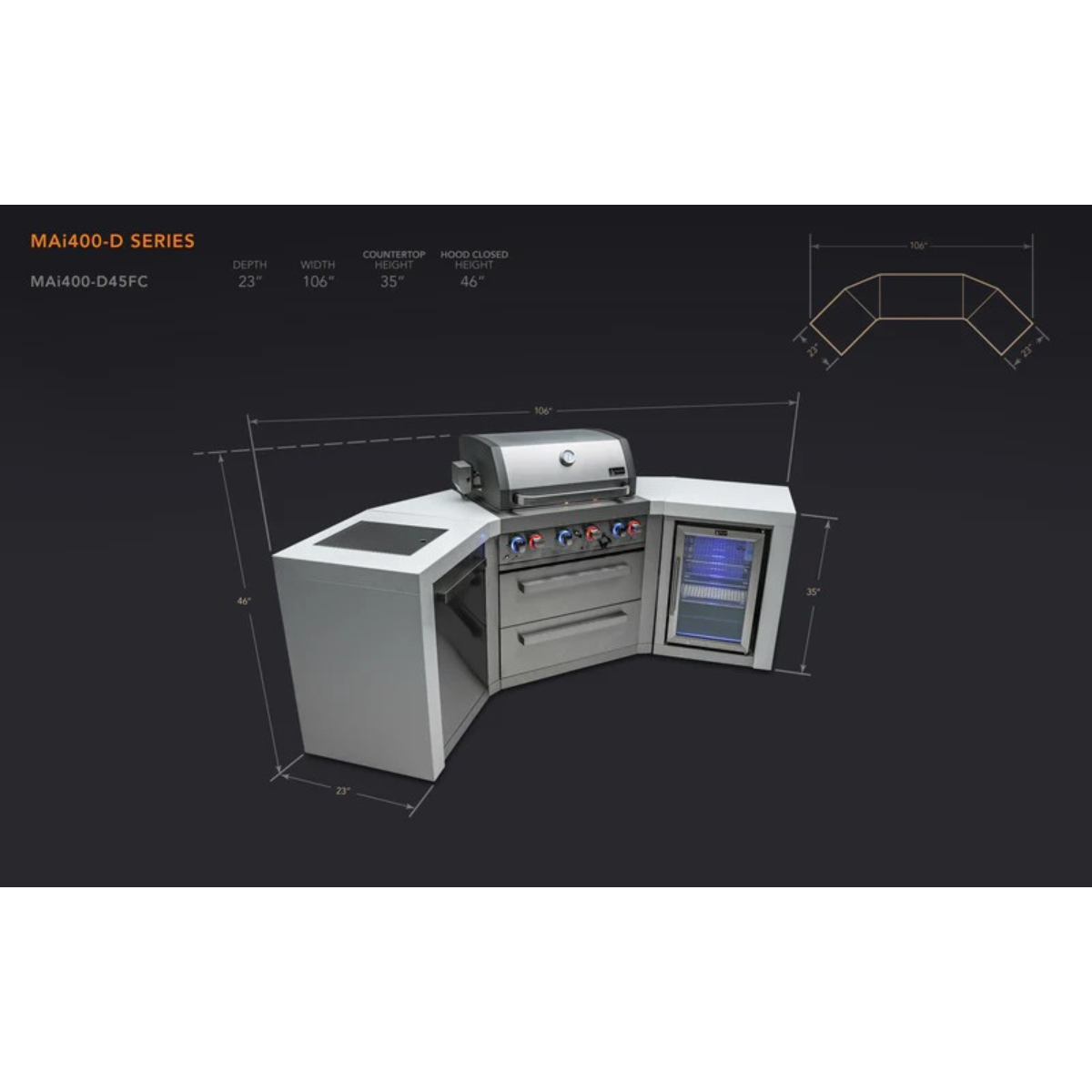 Dimension diagram of the Mont Alpi 400 Deluxe Island with 45-degree corners and fridge cabinet, showing overall width, depth, height, and layout measurements.