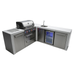 Front-angle view of the Mont Alpi 400 Deluxe Island with 90-degree corner, built-in gas grill, sink, beverage centre fridge, storage cabinets, and white countertop workspace.