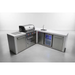 Wide perspective of the Mont Alpi 400 Deluxe outdoor kitchen featuring an L-shaped layout with integrated sink, beverage centre, stainless steel grill, and storage compartments.