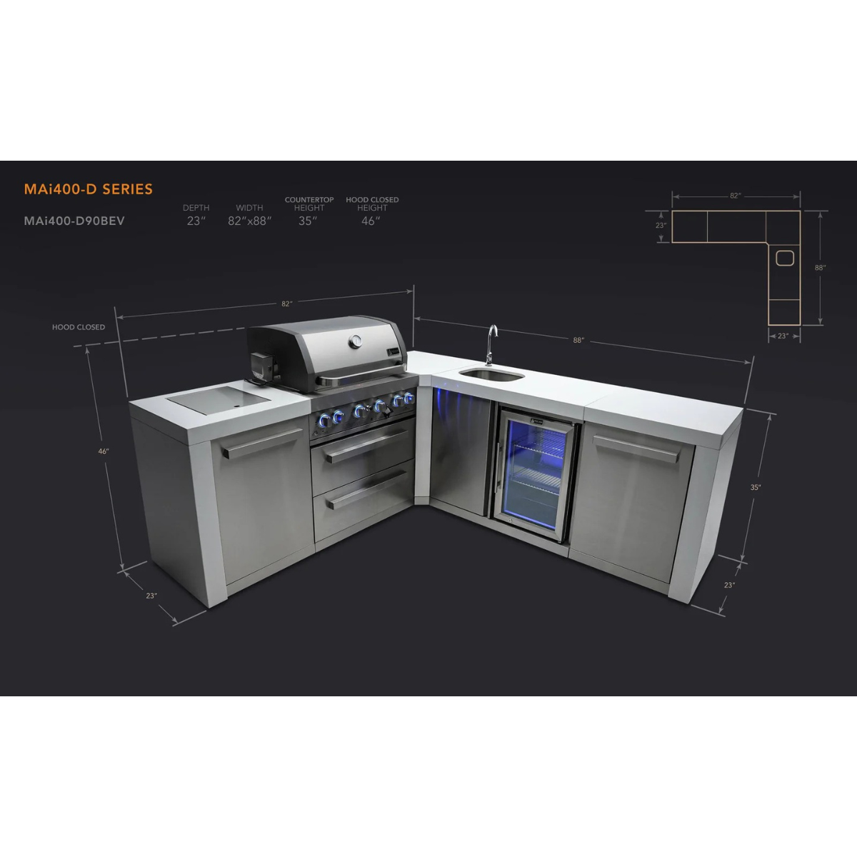 Dimension diagram of the Mont Alpi 400 Deluxe Island with 90-degree corner and beverage centre, displaying measurements, countertop depth, and layout configuration.