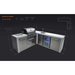 Dimension diagram of the Mont Alpi 400 Deluxe Island with 90-degree corner and beverage centre, displaying measurements, countertop depth, and layout configuration.