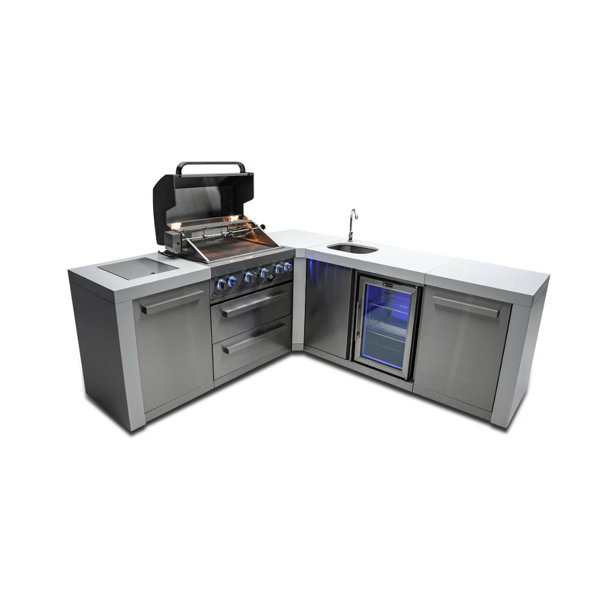 Front view of the outdoor kitchen island with open grill, blue-lit beverage centre, integrated sink, storage cabinets, and durable stainless steel construction.