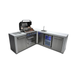 Front view of the outdoor kitchen island with open grill, blue-lit beverage centre, integrated sink, storage cabinets, and durable stainless steel construction.
