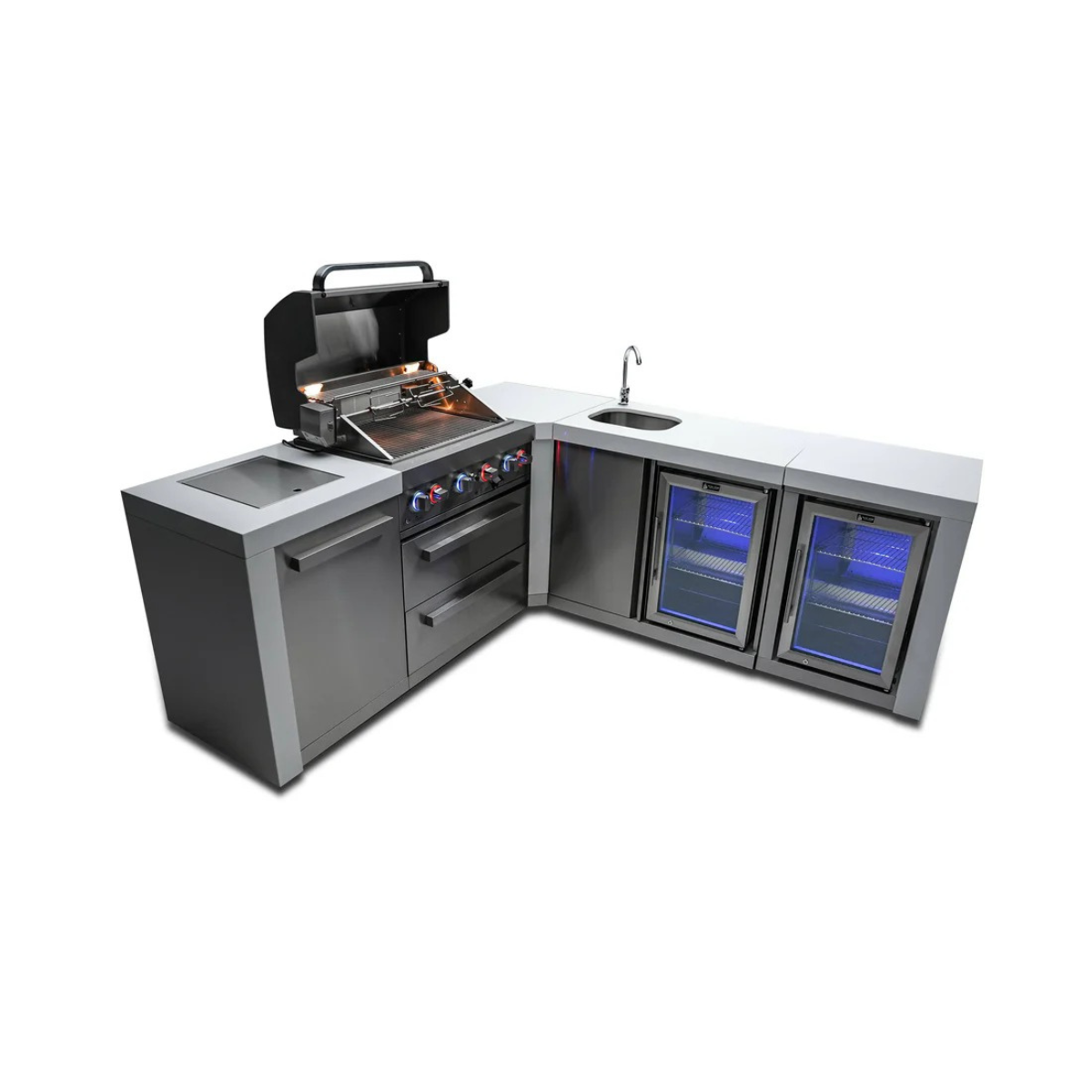 Front perspective of the Mont Alpi 400 Deluxe Island featuring an open grill hood, stainless steel storage, integrated sink, beverage center, and outdoor refrigerator.