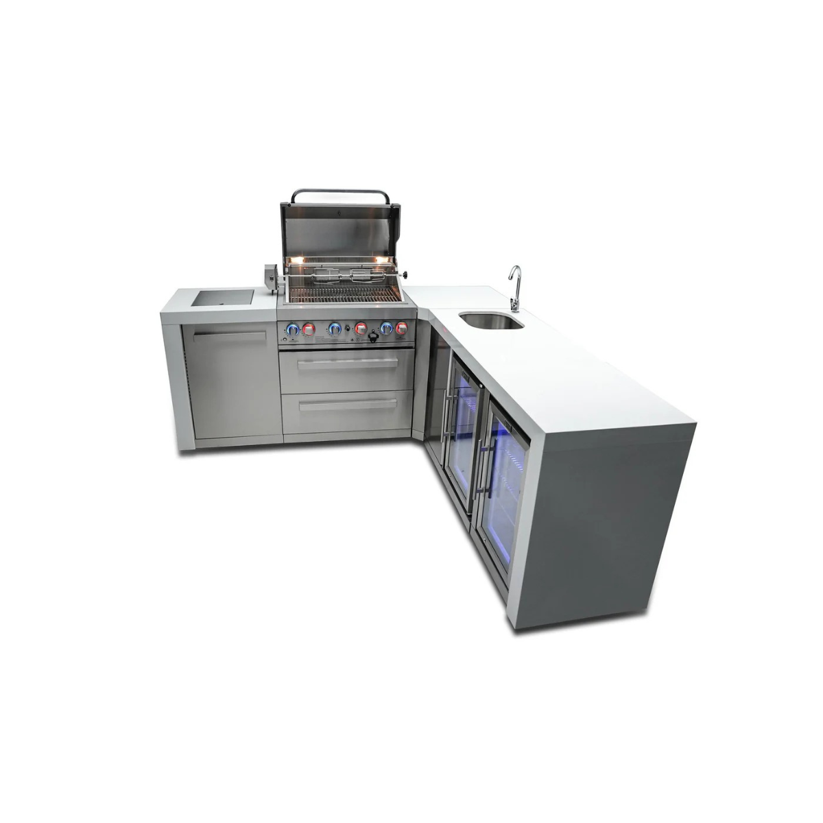 Side angle view of the Mont Alpi 400 Deluxe Island showcasing the L-shaped layout, grilling station, sink, beverage center, and dual glass-door refrigeration units.