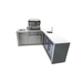 Side angle view of the Mont Alpi 400 Deluxe Island showcasing the L-shaped layout, grilling station, sink, beverage center, and dual glass-door refrigeration units.