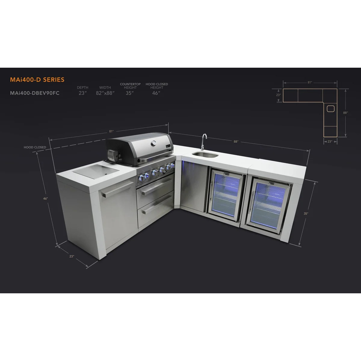Dimension diagram of the Mont Alpi 400 Deluxe Island with 90-degree corner, beverage center, and fridge cabinet, displaying overall measurements and countertop dimensions.