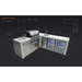 Dimension diagram of the Mont Alpi 400 Deluxe Island with 90-degree corner, beverage center, and fridge cabinet, displaying overall measurements and countertop dimensions.