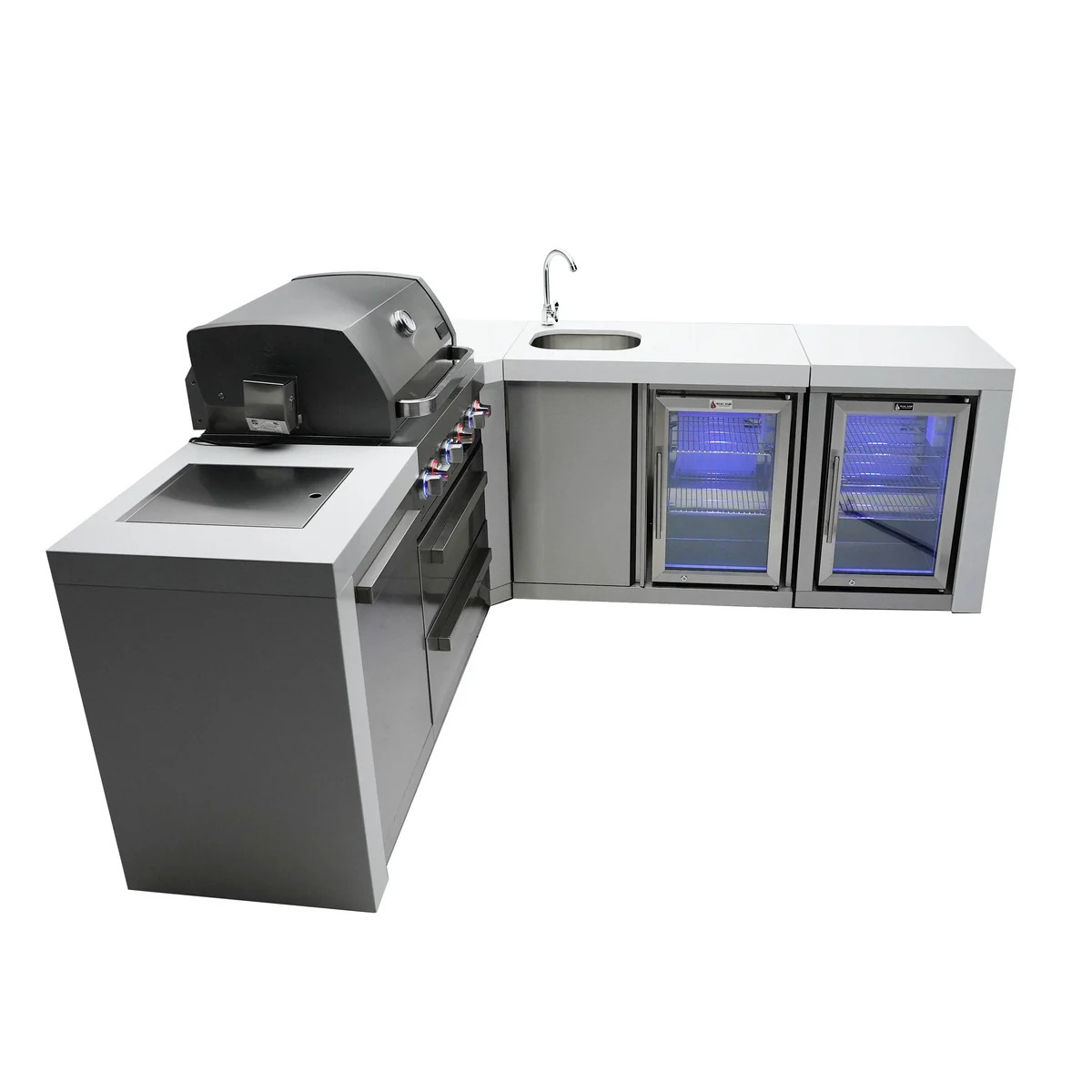 Rear angled view of the Mont Alpi 400 Deluxe Island with closed grill hood, built-in sink, beverage center, and double refrigerated storage compartments.