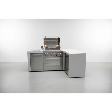 Front view of the outdoor kitchen island with the grill lid open, revealing the cooking area, illuminated control knobs, storage compartments, and corner cabinet.
