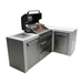 Side-angle view of the Mont Alpi 400 Deluxe Island showcasing the open grill, stainless steel construction, storage door, drawers, and 90-degree corner workspace.