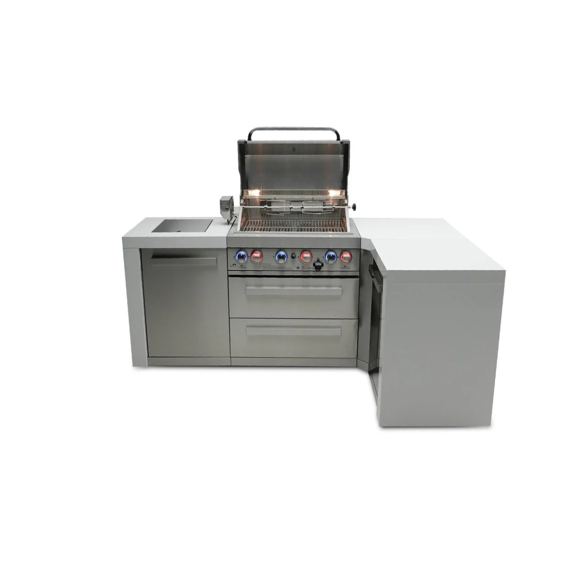 Front-facing view of the outdoor kitchen island with the grill open, highlighting the rotisserie system, cooking grates, storage cabinet, and corner extension.