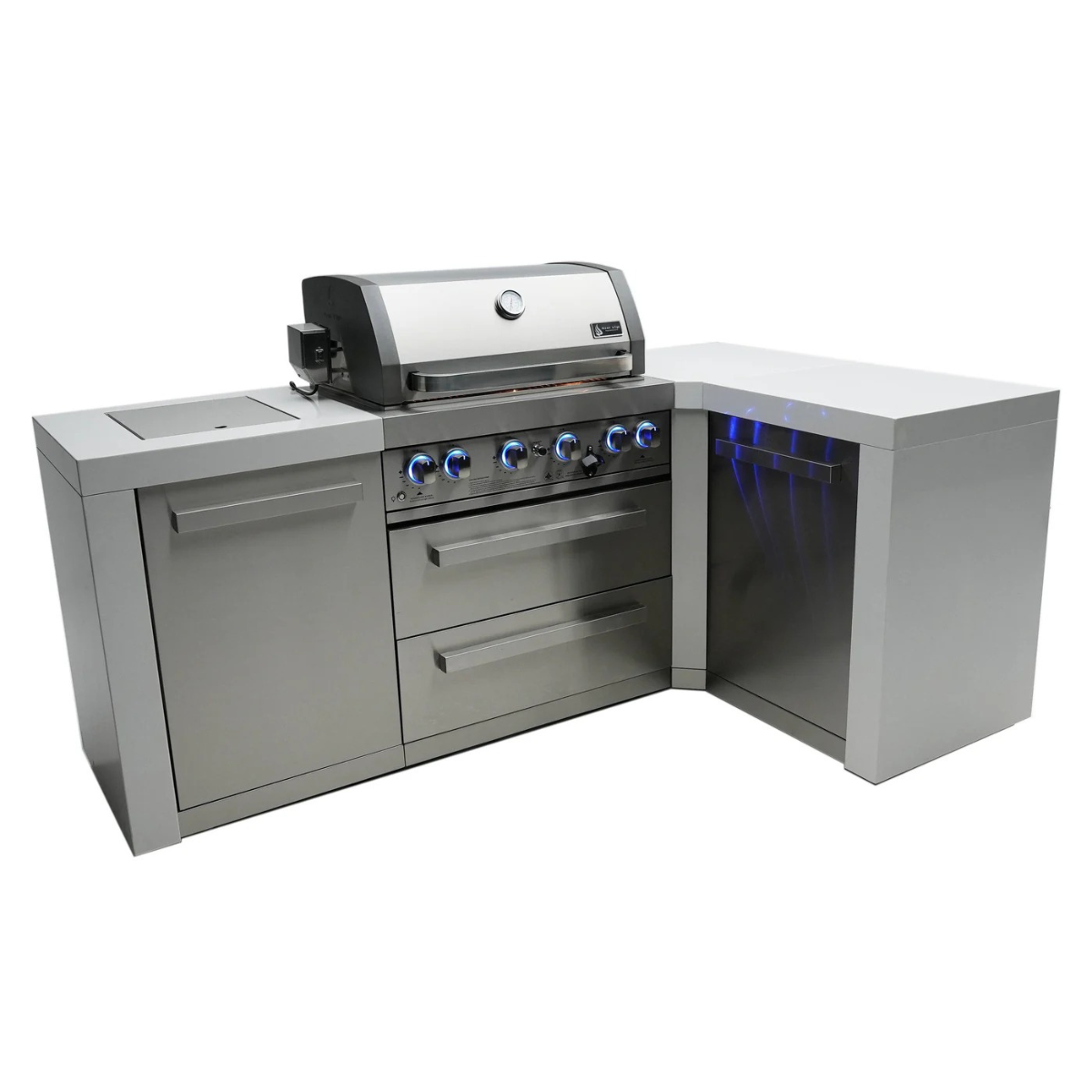 Angled view of the Mont Alpi 400 Deluxe Island featuring a stainless steel gas grill, storage cabinet, double drawers, and integrated 90-degree corner section.