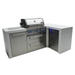 Angled view of the Mont Alpi 400 Deluxe Island featuring a stainless steel gas grill, storage cabinet, double drawers, and integrated 90-degree corner section.