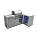 Front perspective of the outdoor kitchen island featuring a stainless steel grill, double drawers, side storage cabinet, and blue-lit refrigerator integrated into the corner layout.