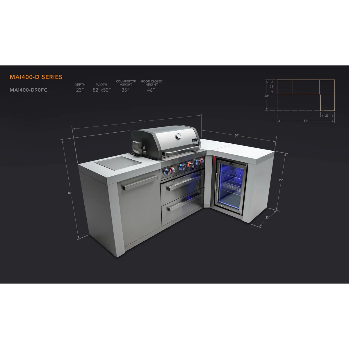 Dimension diagram of the Mont Alpi 400 Deluxe Island with 90-degree corner and fridge cabinet, displaying measurements, countertop depth, and overall layout dimensions.