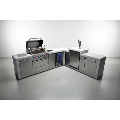 Studio view of the Mont Alpi 400 Deluxe Island with 90-degree corner, built-in gas grill, sink, kegerator, beverage center, and stainless steel storage cabinets.