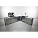 Studio view of the Mont Alpi 400 Deluxe Island with 90-degree corner, built-in gas grill, sink, kegerator, beverage center, and stainless steel storage cabinets.