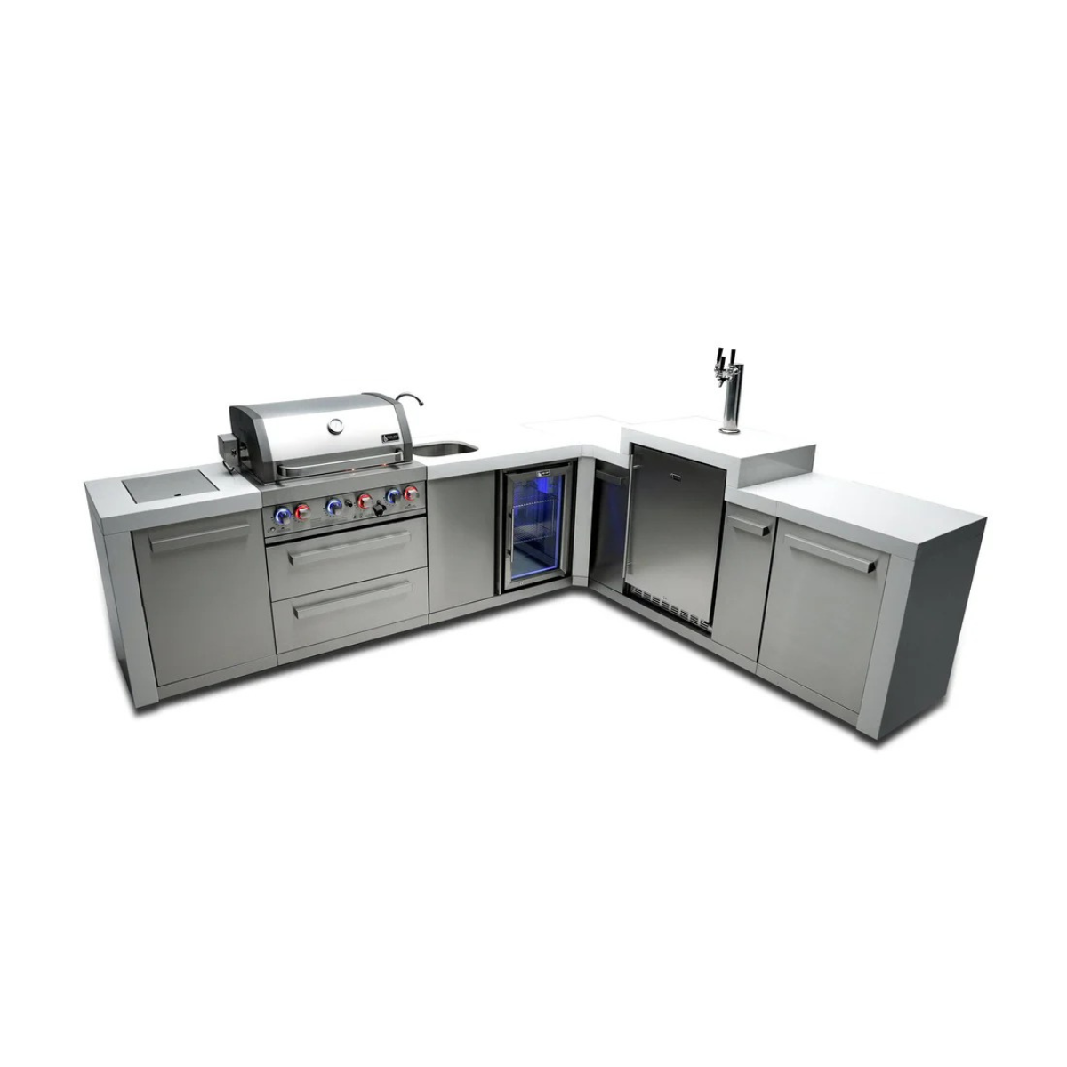 Front angled view of the Mont Alpi 400 Deluxe Island featuring a closed grill hood, illuminated beverage center, kegerator with dual tap tower, and corner outdoor kitchen layout.