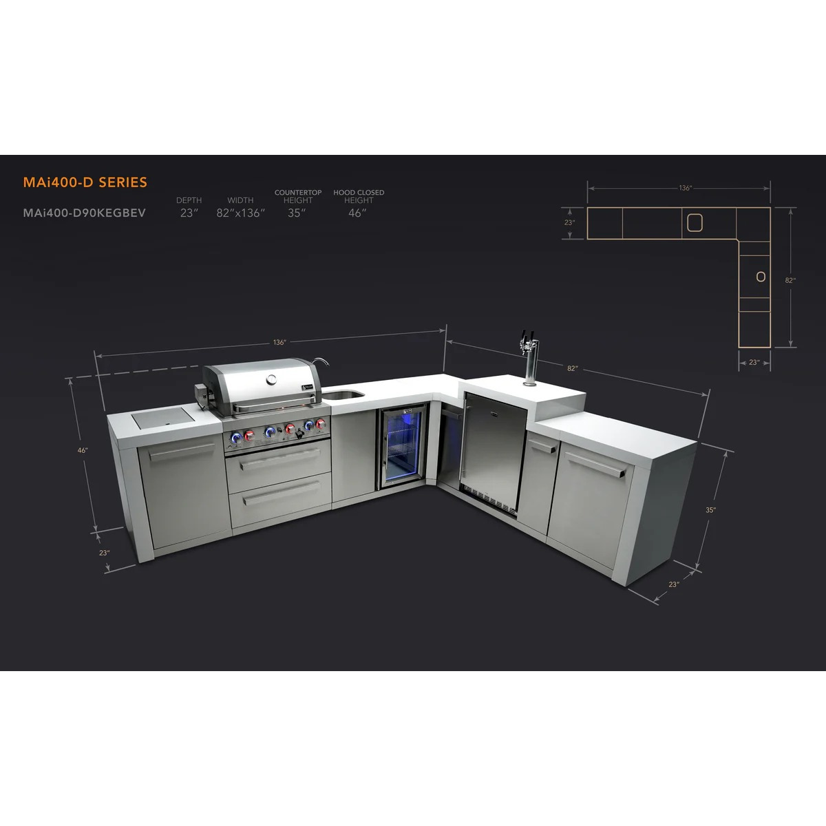 Dimension diagram of the Mont Alpi 400 Deluxe Island with 90-degree corner, kegerator, and beverage center, showing overall measurements, countertop height, hood height, and L-shaped configuration.