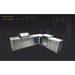 Dimension diagram of the Mont Alpi 400 Deluxe Island with 90-degree corner, kegerator, and beverage center, showing overall measurements, countertop height, hood height, and L-shaped configuration.