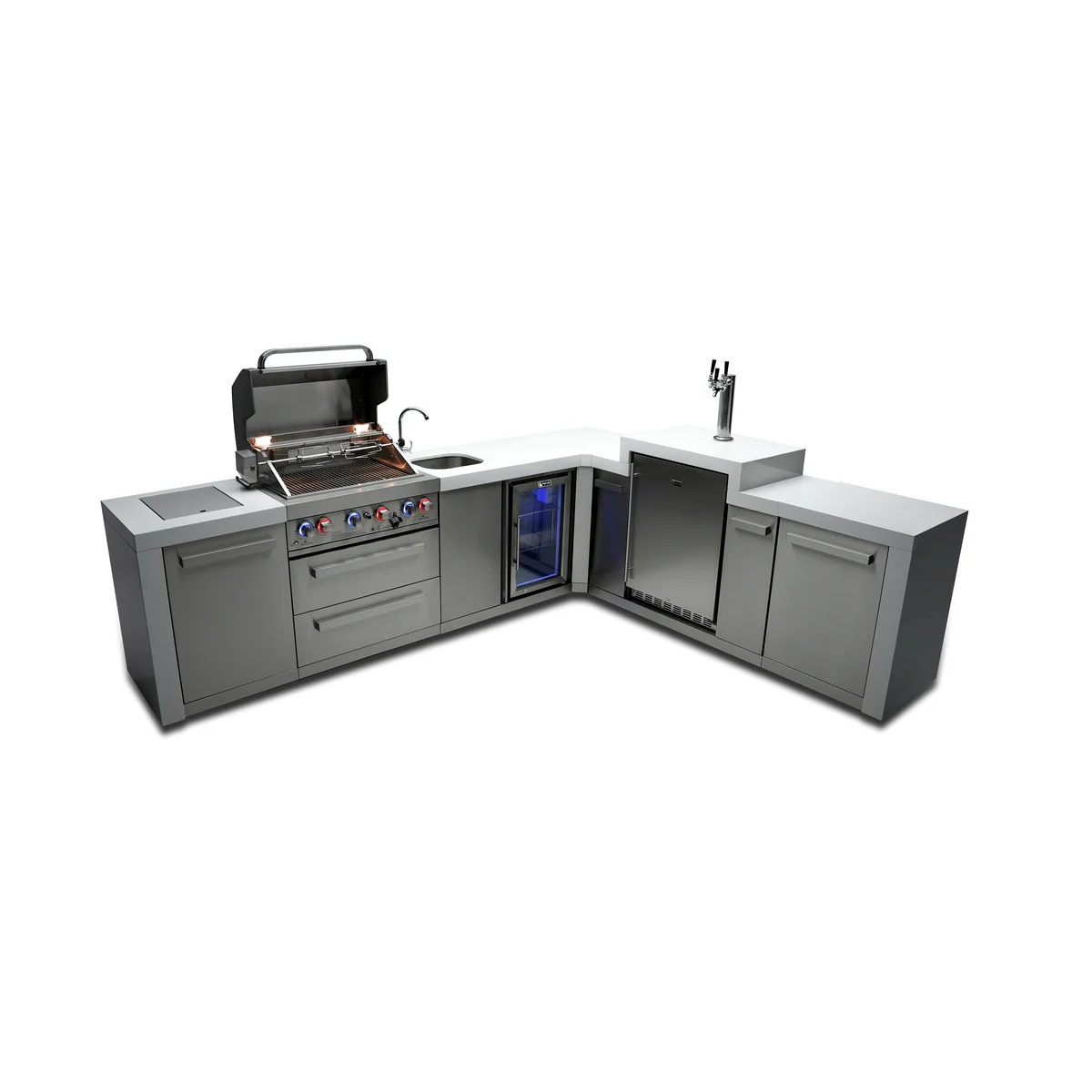 Angled view of the Mont Alpi 400 Deluxe Island with open grill hood, integrated sink, beverage center, kegerator, and spacious stainless steel cabinetry for outdoor entertaining.