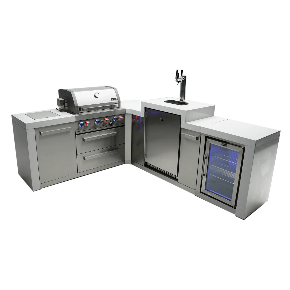 Front angled view of the Mont Alpi 400 Deluxe Island featuring a built-in gas grill, kegerator with dual tap tower, fridge cabinet, stainless steel storage, and corner outdoor kitchen design.
