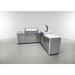 Wide perspective of the Mont Alpi 400 Deluxe outdoor kitchen featuring an L-shaped layout, integrated kegerator, gas grill, and spacious countertop workspace.