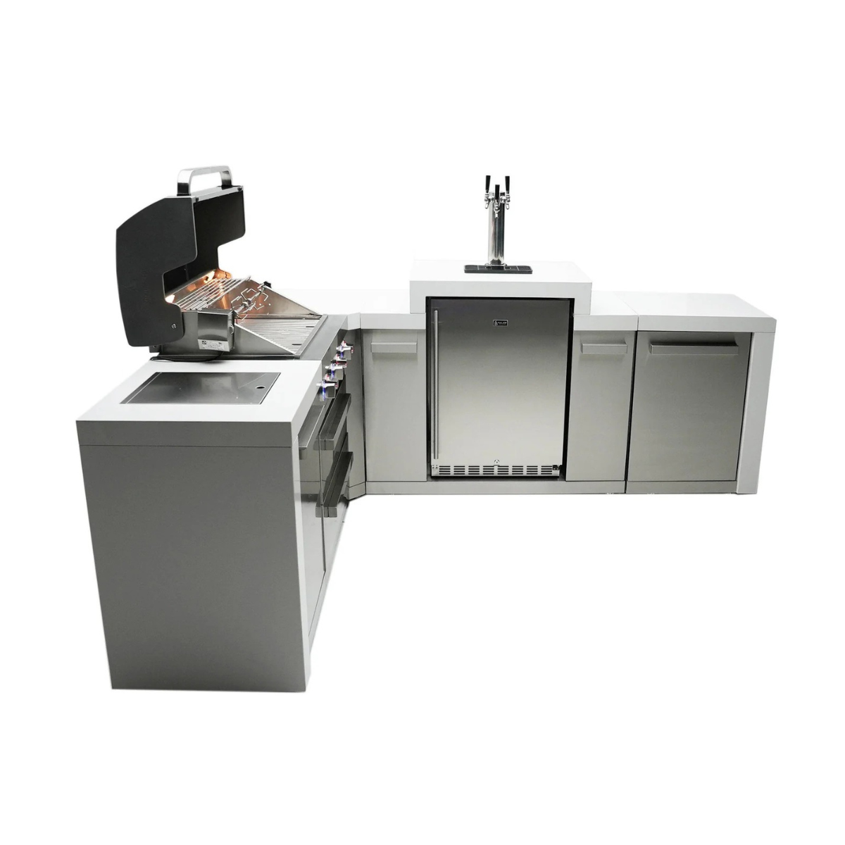 Side view of the Mont Alpi 400 Deluxe Island showing the open grill hood, stainless steel kegerator, storage cabinets, and raised beer tap station.