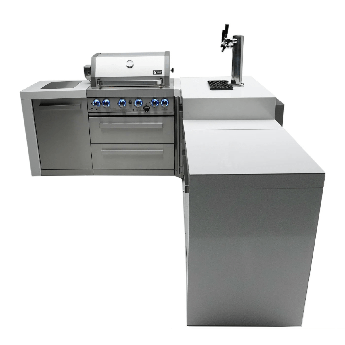 Front-angle view of the Mont Alpi 400 Deluxe Island with 90-degree corner, built-in gas grill, kegerator with dual beer taps, storage drawers, and stainless steel cabinetry.