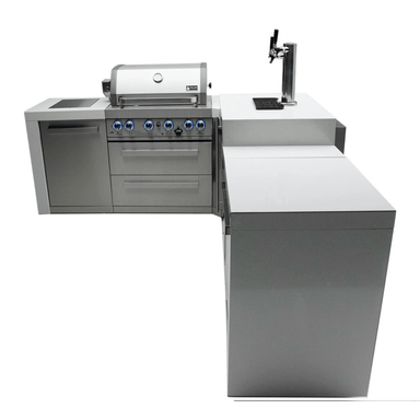 Front-angle view of the Mont Alpi 400 Deluxe Island with 90-degree corner, built-in gas grill, kegerator with dual beer taps, storage drawers, and stainless steel cabinetry.
