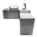 Front-angle view of the Mont Alpi 400 Deluxe Island with 90-degree corner, built-in gas grill, kegerator with dual beer taps, storage drawers, and stainless steel cabinetry.
