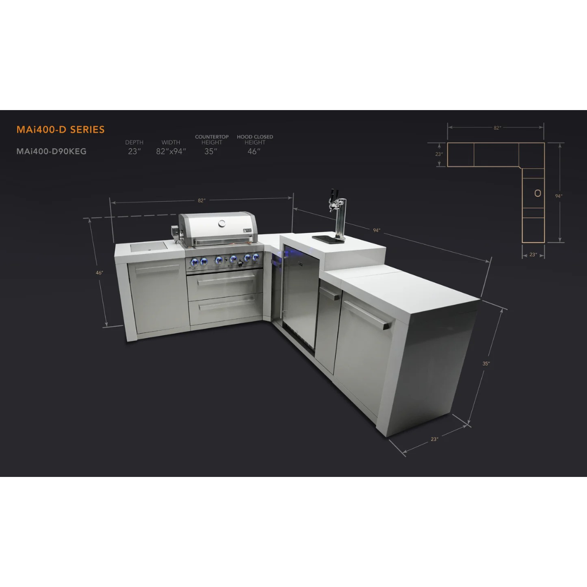 Dimension diagram of the Mont Alpi 400 Deluxe Island with 90-degree corner and kegerator, displaying overall measurements, countertop depth, and layout configuration.