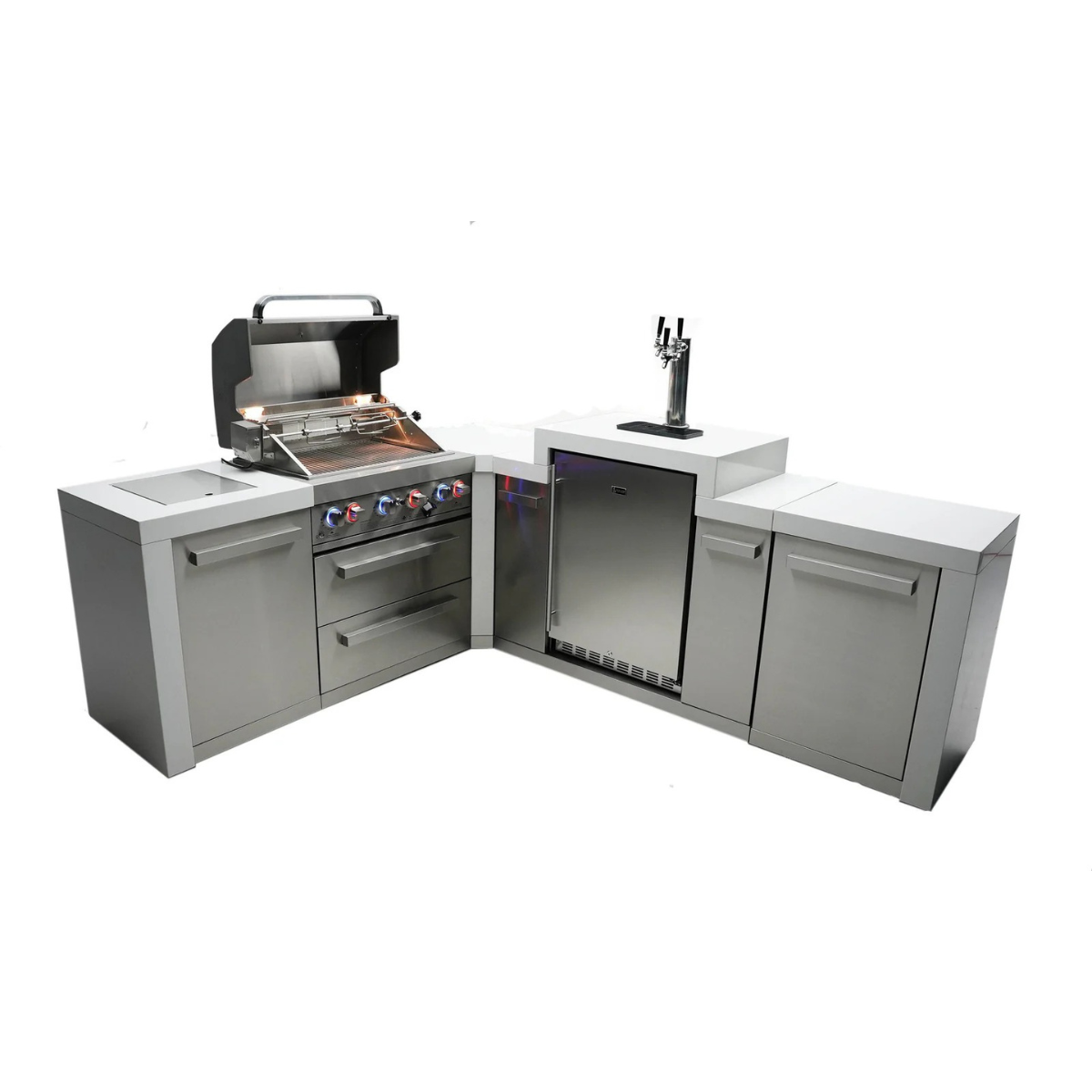 Angled front view of the outdoor kitchen island with illuminated grill interior, stainless steel kegerator, dual storage cabinets, and clean white countertop surfaces.