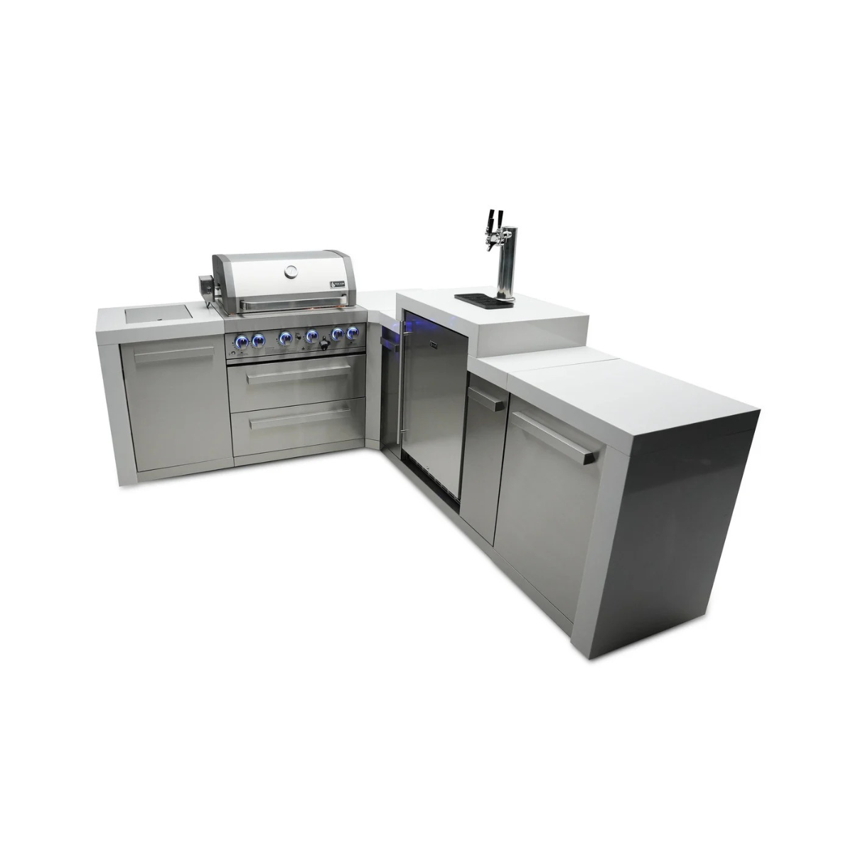 Rear-side perspective of the Mont Alpi 400 Deluxe Island featuring the closed grill hood, kegerator compartment, beer tap tower, and extended preparation counter.
