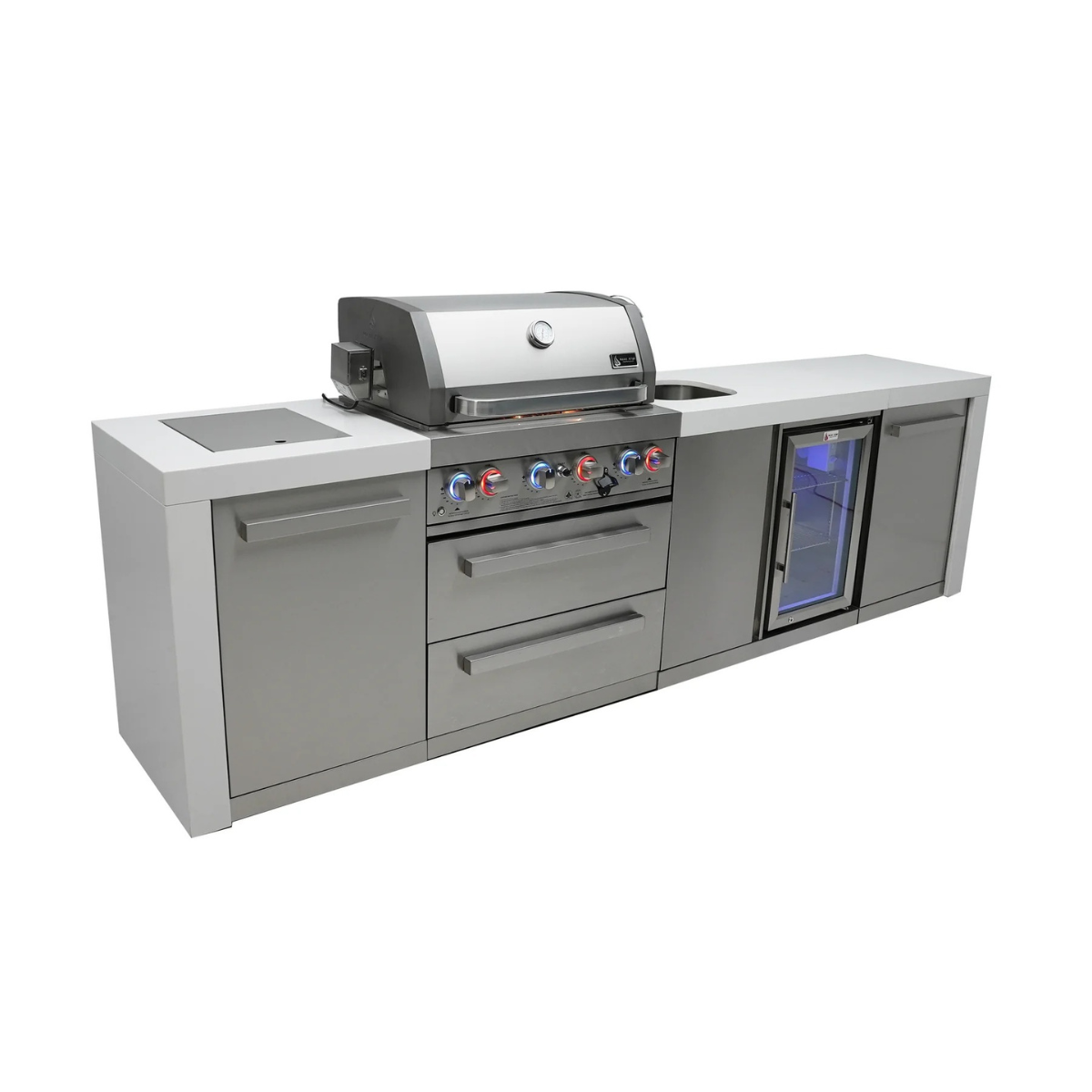Angled front view of the Mont Alpi 400 Deluxe Island featuring a built-in gas grill, sink, storage drawers, beverage centre fridge, and stainless steel cabinets.