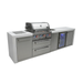 Angled front view of the Mont Alpi 400 Deluxe Island featuring a built-in gas grill, sink, storage drawers, beverage centre fridge, and stainless steel cabinets.