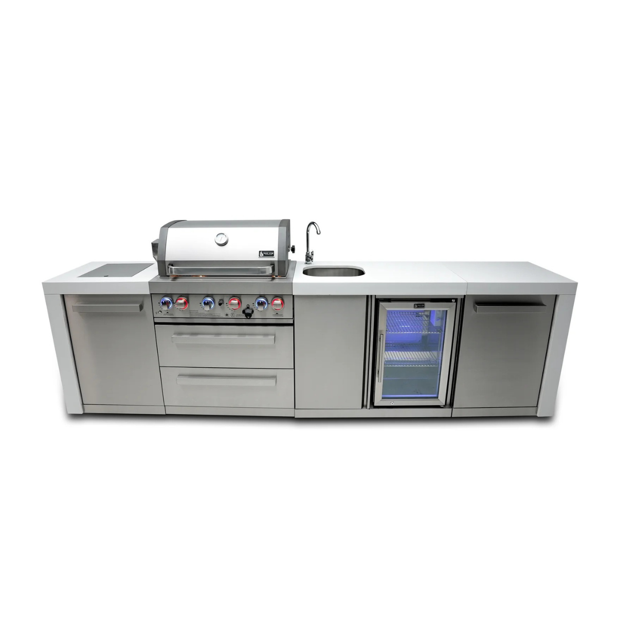 Alternate front view of the Mont Alpi 400 Deluxe Island showcasing the gas grill, sink station, beverage cooler, storage drawers, and side cabinets.