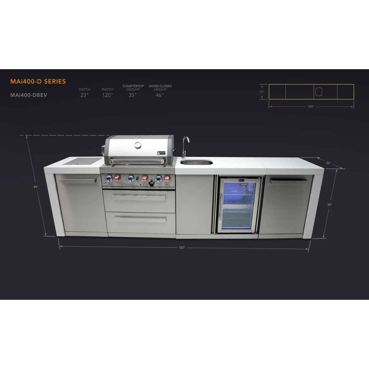 Dimension diagram of the Mont Alpi 400 Deluxe Island with beverage centre, displaying overall width, depth, countertop height, and hood height measurements.