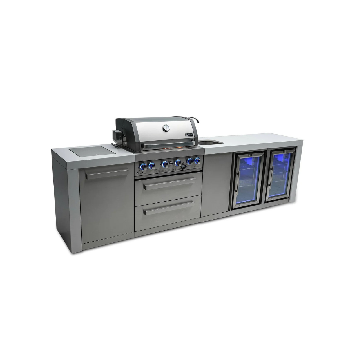 Angled front view of the Mont Alpi 400 Deluxe Island showcasing the stainless steel grill, sink, storage compartments, and dual beverage refrigeration units.