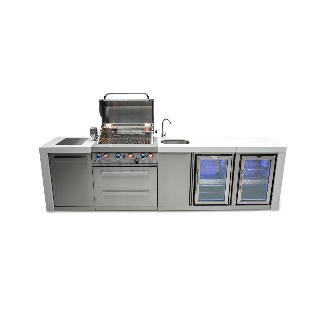 Front-facing view of the Mont Alpi 400 Deluxe Island with open grill, illuminated control knobs, integrated sink and faucet, and two glass-door beverage coolers.