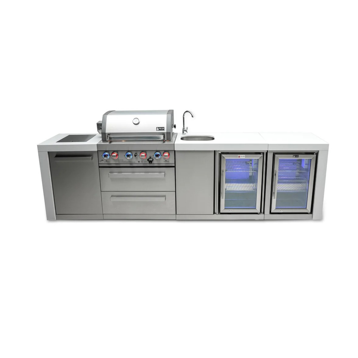 Front view of the Mont Alpi 400 Deluxe Island featuring a built-in gas grill, sink with faucet, storage cabinet, and dual glass-door beverage coolers.